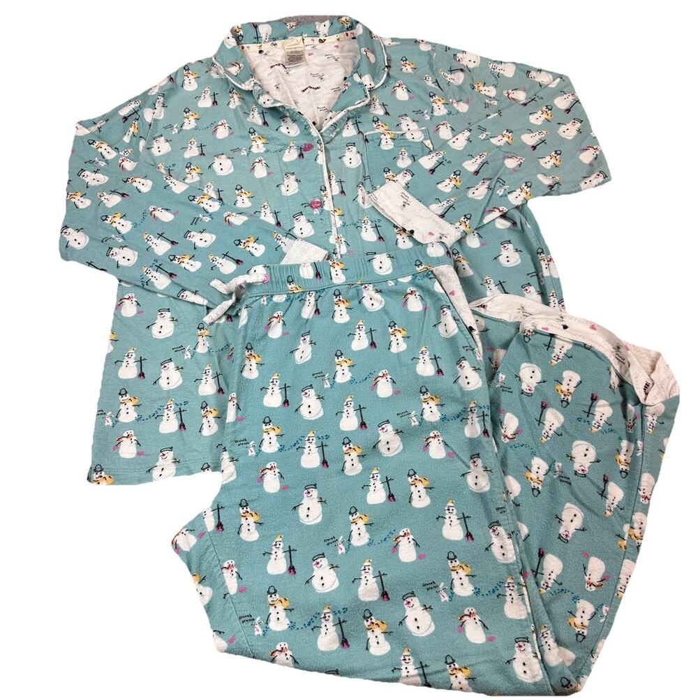 Munki Munki Pajama Set Womens 2XL XXL Light Blue Long Sleeve Snowman Button